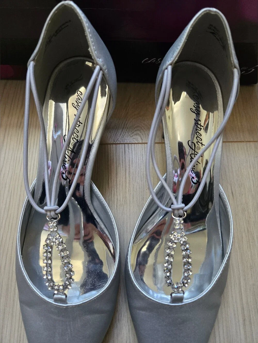 Easy Street Moonlight Silver T-Strap Pumps with Crystal Accent